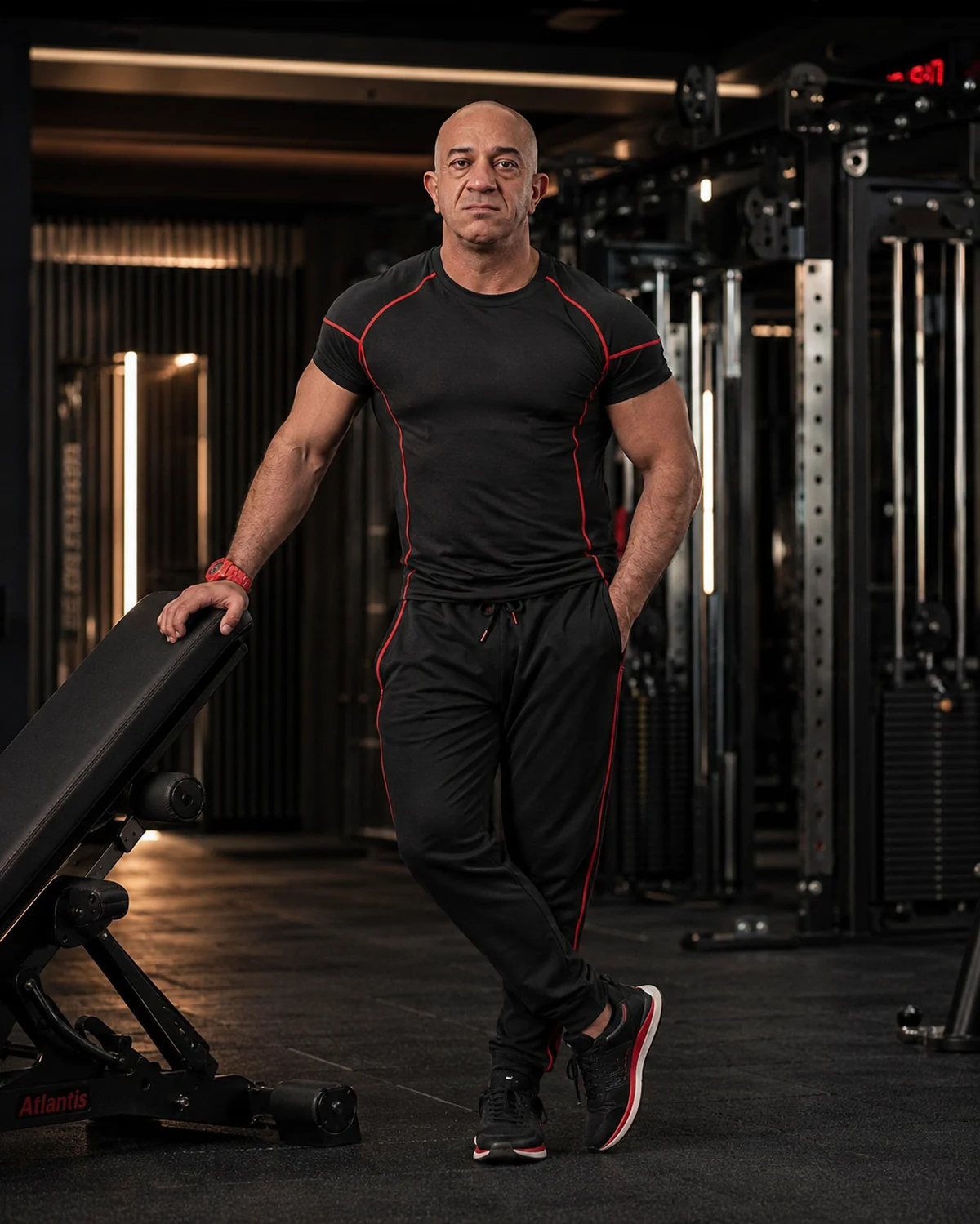 Akmal Kadri beside training equipment in black sportswear with red details.