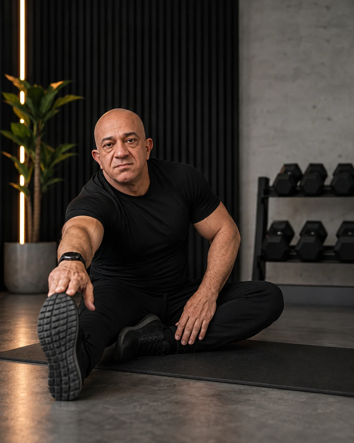 Akmal Kadri performing a seated stretching and mobility exercise.