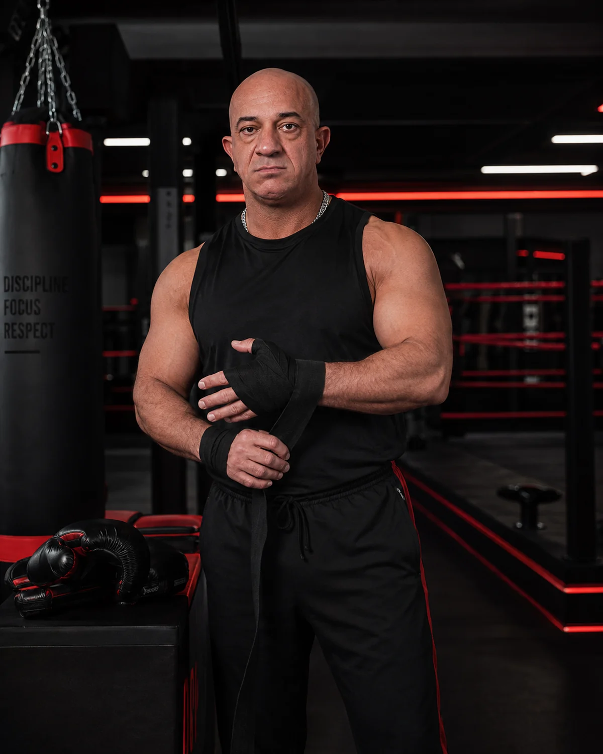 Akmal Kadri preparing boxing hand wraps in a black-and-red martial arts gym.